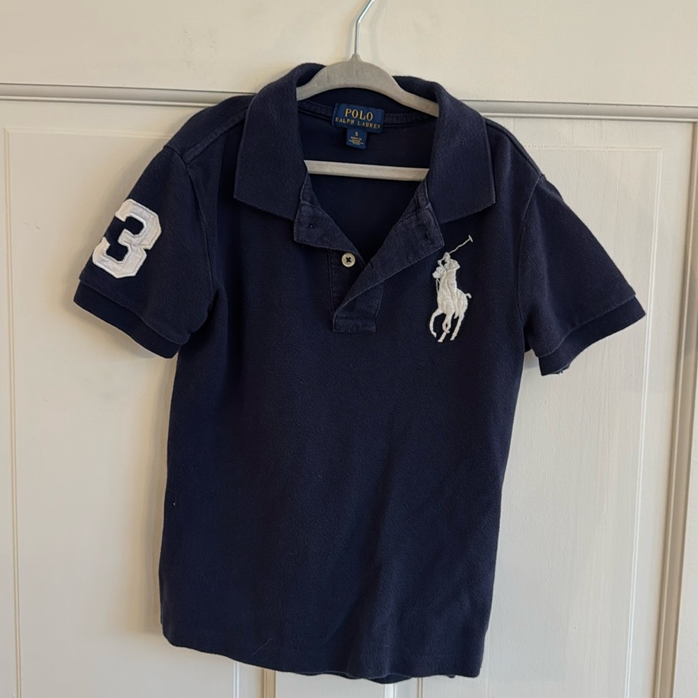Boys polo Ralph Lauren size 5 collared T-shirt, navy white number three pony